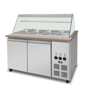 SNACK-Line Bain-Marie Theke 3x GN1/1, Granit rosa-grau, 123x82x85,5 Glasaufbau Klarglas mit Zwischenablage, H=496mm