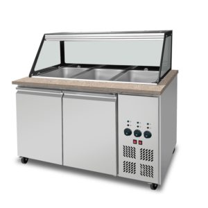 SNACK-Line Bain-Marie Theke 3x GN1/1, Granit rosa-grau, 123x82x85,5 Glasaufbau Klarglas schwarzer Rand, ohne Zwischenablage, H=396mm