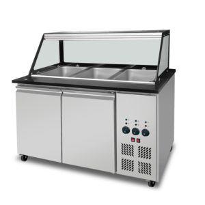 SNACK-Line Bain-Marie Theke 3x GN1/1, Granit Star Galaxy schwarz, 123x82x85,5 Glasaufbau Klarglas schwarzer Rand, ohne Zwischenablage, H=396mm