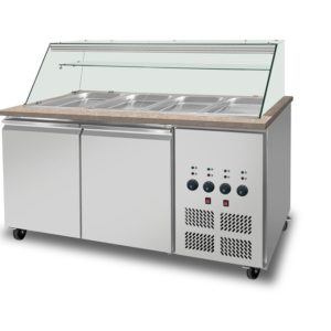 SNACK-Line Bain-Marie Theke 4x GN1/1, Granit rosa-grau, 153x82x85,5 Glasaufbau Klarglas mit Zwischenablage, H=496mm