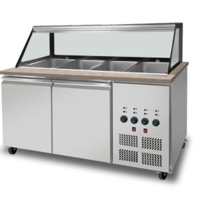 SNACK-Line Bain-Marie Theke 4x GN1/1, Granit rosa-grau, 153x82x85,5 Glasaufbau Klarglas schwarzer Rand, ohne Zwischenablage, H=396mm