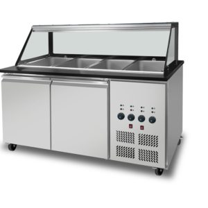 SNACK-Line Bain-Marie Theke 4x GN1/1, Granit Star Galaxy schwarz, 153x82x85,5 Glasaufbau Klarglas schwarzer Rand, ohne Zwischenablage, H=396mm
