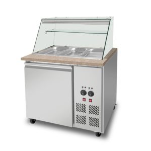 SNACK-Line Bain-Marie Theke 2x GN1/1, Granit rosa-grau, 88x82x85,5 Glasaufbau Klarglas mit Zwischenablage, H=496mm