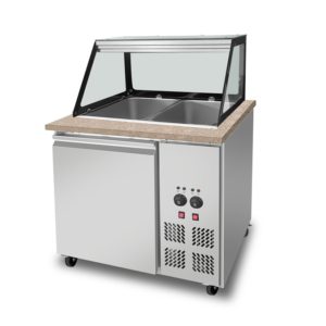 SNACK-Line Bain-Marie Theke 2x GN1/1, Granit rosa-grau, 88x82x85,5 Glasaufbau Klarglas schwarzer Rand, ohne Zwischenablage, H=396mm