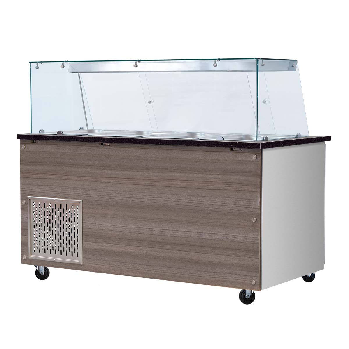 SNACK-Line, Kalte Theke, 4x GN1/1, Granit Star Galaxy schwarz, 153x82x85.5 Glasaufbau Klarglas ohne Zwischenablage, H=396mm