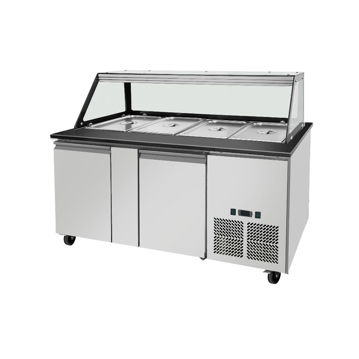 SNACK-Line, Kalte Theke, 4x GN1/1, Granit Star Galaxy schwarz, 153x82x85.5 Glasaufbau Klarglas schwarzer Rand, ohne Zwischenablage H=396mm