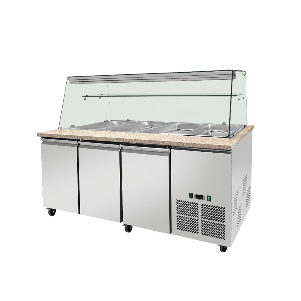 SNACK-Line, Kalte Theke, 5x GN1/1, Granit rosa-grau, 188x82x85.5 Glasaufbau Klarglas  mit Zwischenablage, H=496mm