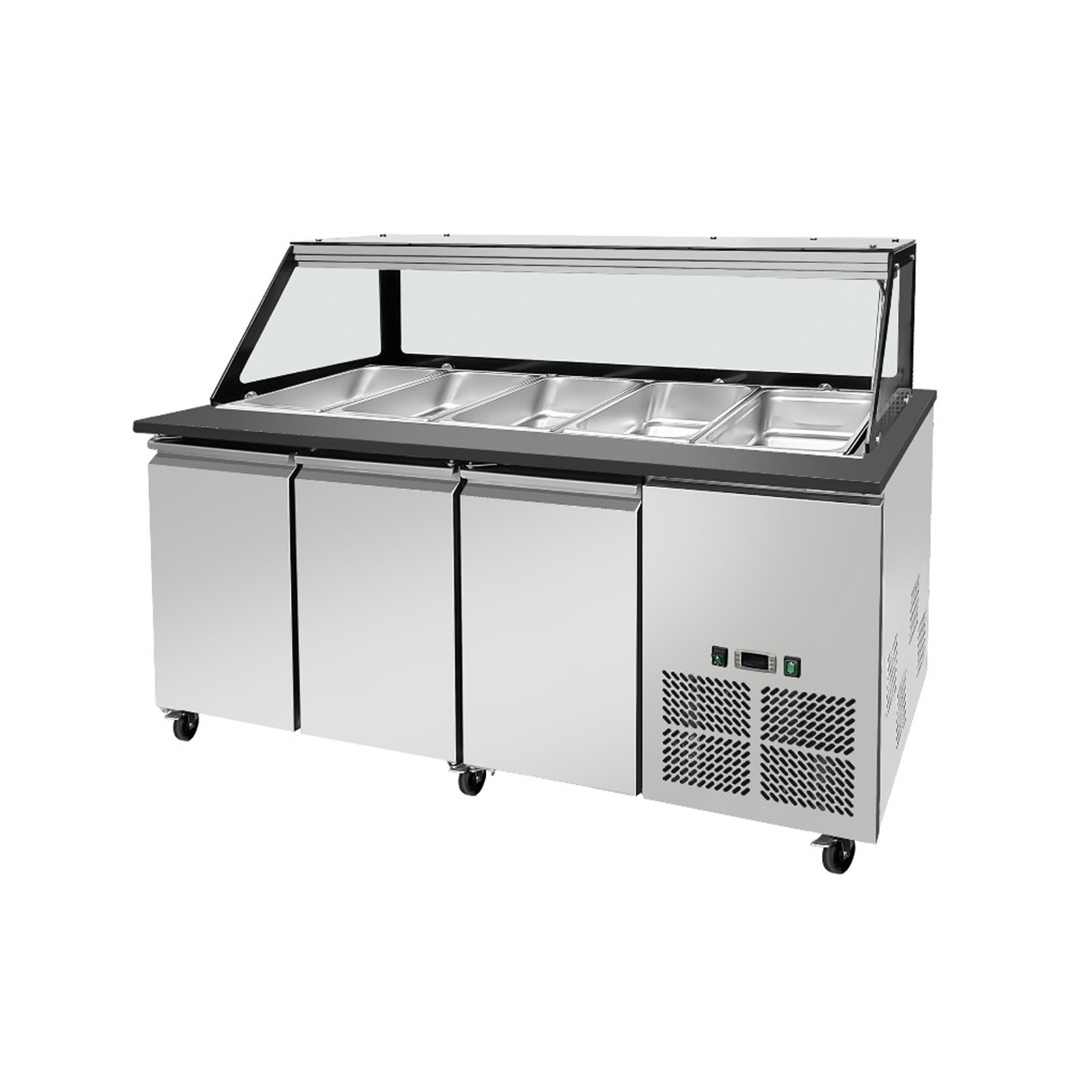 SNACK-Line, Kalte Theke, 5x GN1/1, Granit Star Galaxy schwarz, 188x82x85.5 Glasaufbau Klarglas schwarzer Rand, ohne Zwischenablage H=396mm