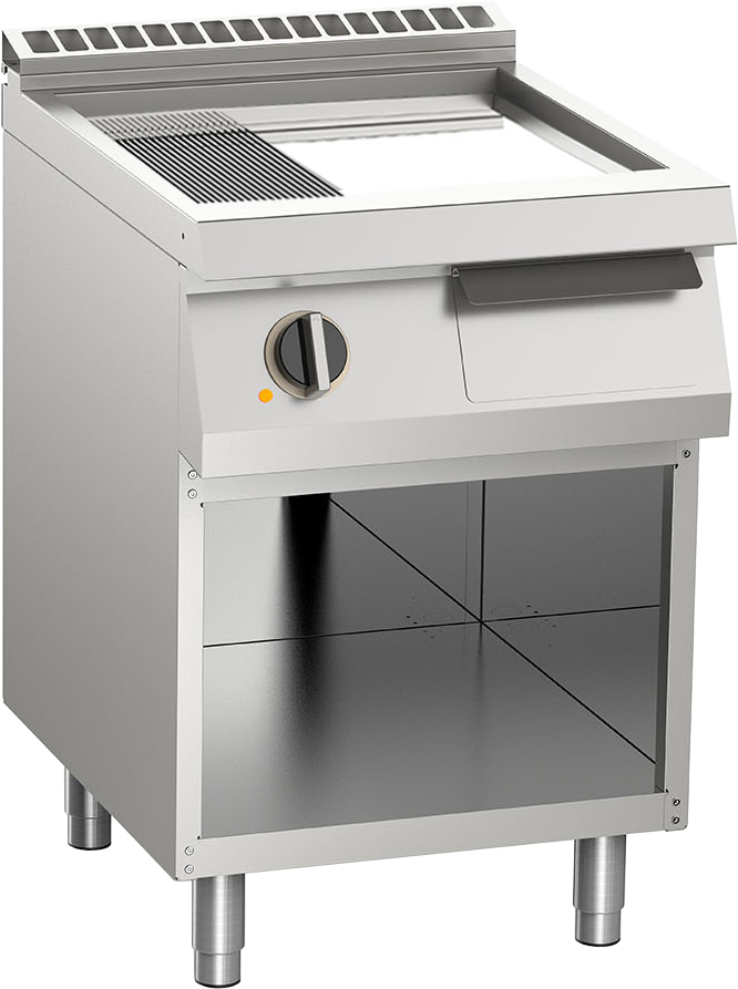Elektro-Grillplatte geteilt verchromt 7,5kW mit 2 Heizzonen offener Unterbau