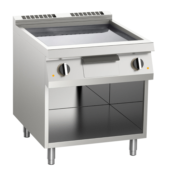 Gas-Grillplatte glatt aus Edelstahl 21kW mit 2 Heizzonen offener Unterbau