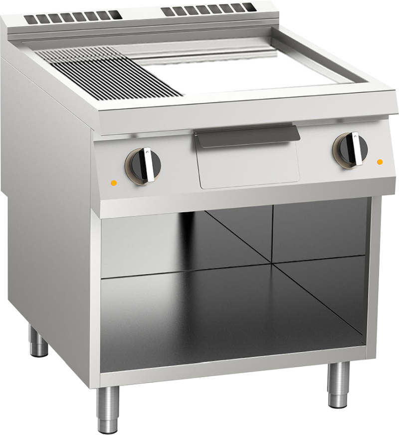 Elektro-Grillplatte geteilt verchromt 15kW mit 2 Heizzonen offener Unterbau