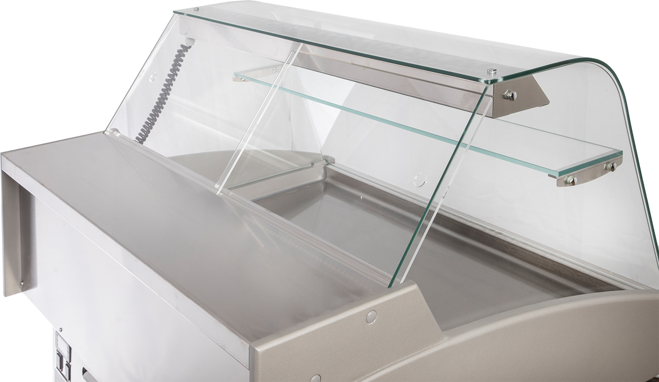 Mehrzweckvitrine Delicious 1250 C mit gebogenem Glasaufbau