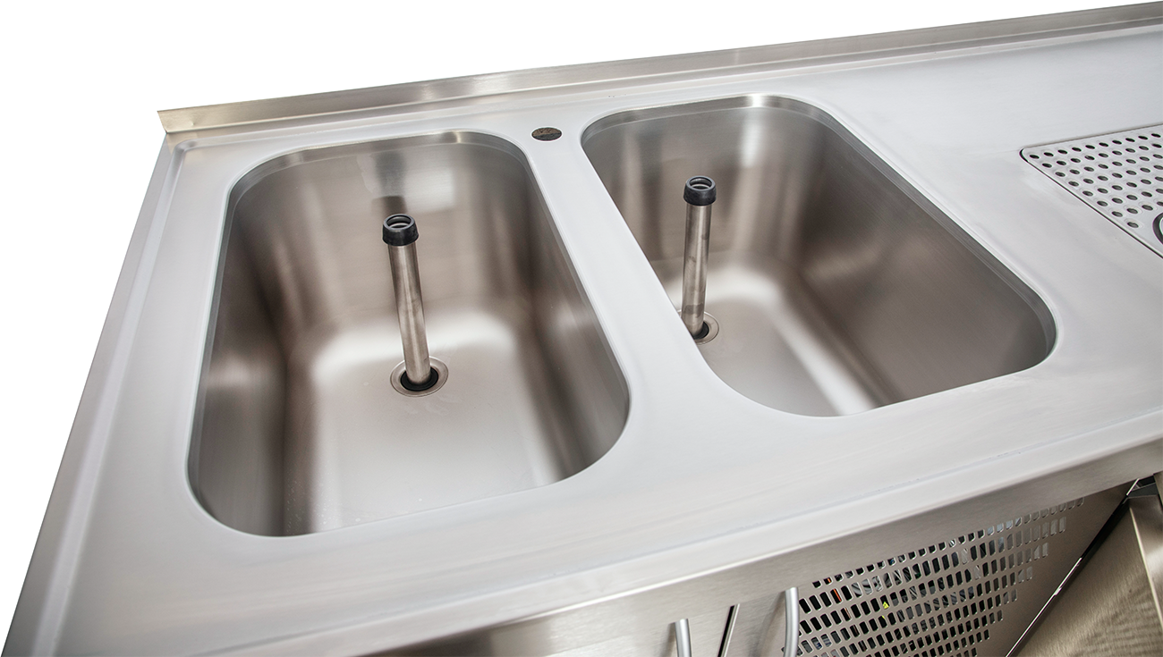 Getränketheke Bristol 2 mit 2 Becken rechts und Abdeckung mit Aufkantung