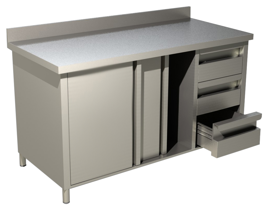 Arbeitsschrank mit Schiebetüren, Schubladen und Aufkantung B 160cm x T 60cm