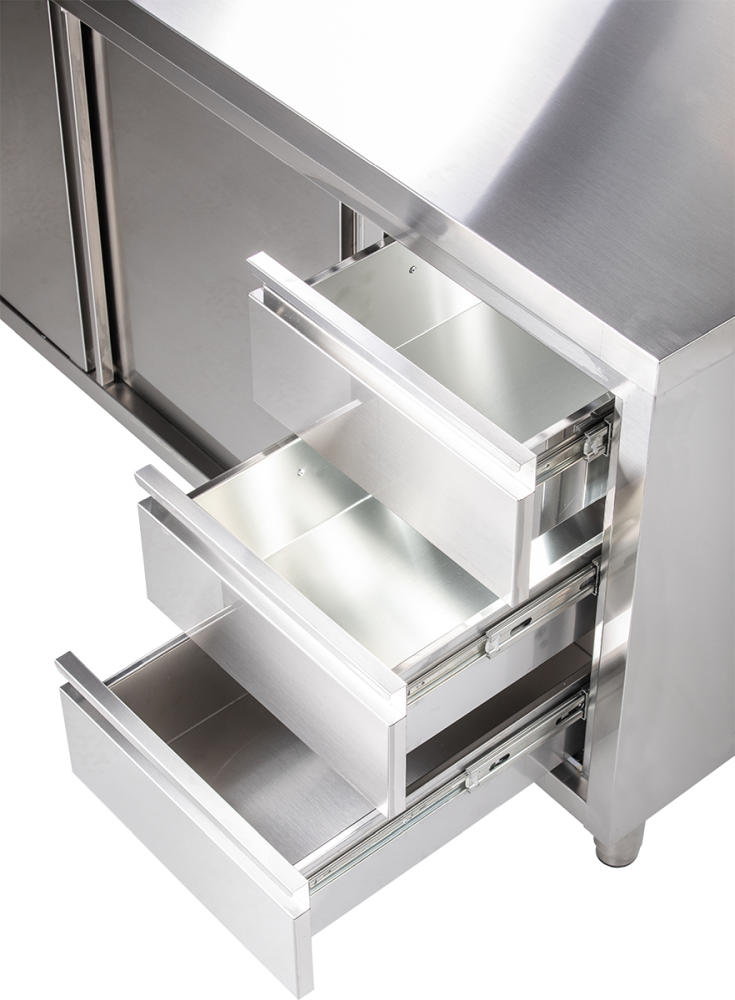 Arbeitsschrank mit Schiebetüren, Schubladen und Aufkantung B 160cm x T 70cm