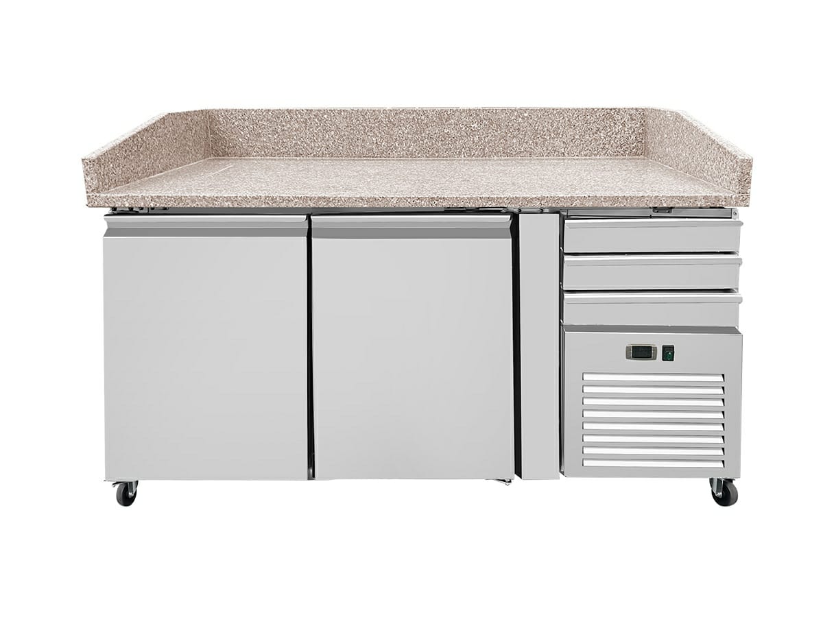 Pizza Kühltisch PRO, Granit Grau-Rosa, 2 Türen + 3 Schubladen, 160 x 80 Kühlaufsatz GN1/4 mit Glas