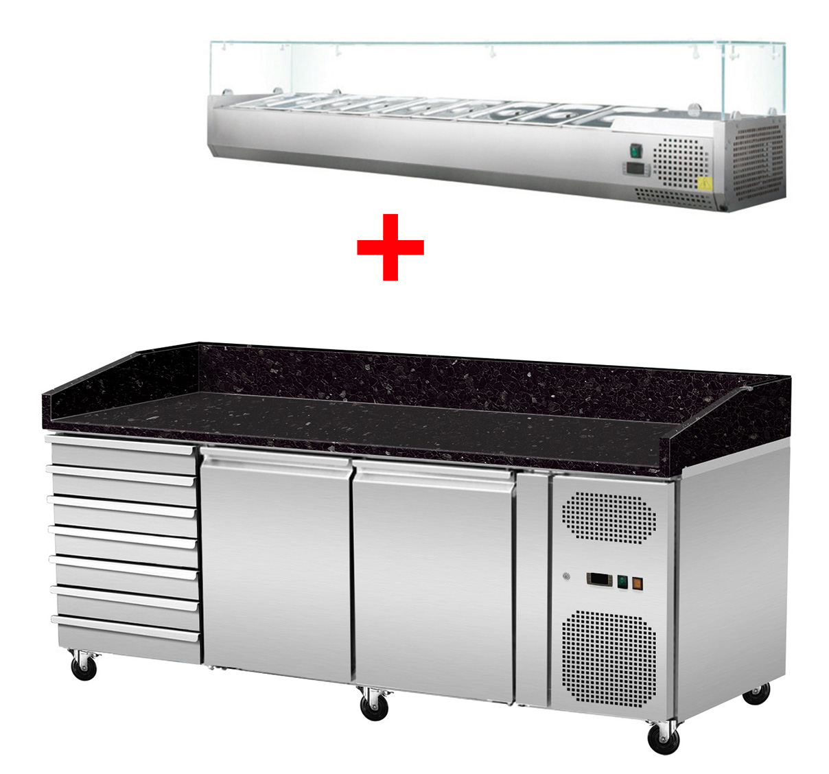 Pizza Kühltisch, Granit Star Galaxy schwarz, 2 Türen 7 ungek. Schubladen, 203 x 80 Kühlaufsatz GN1/4 mit Glas
