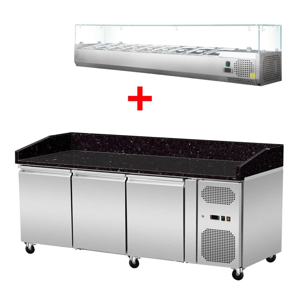Pizza Kühltisch, Granit Star Galaxy schwarz, 3 Türen, 203 x 80 Kühlaufsatz GN1/4 mit Glas