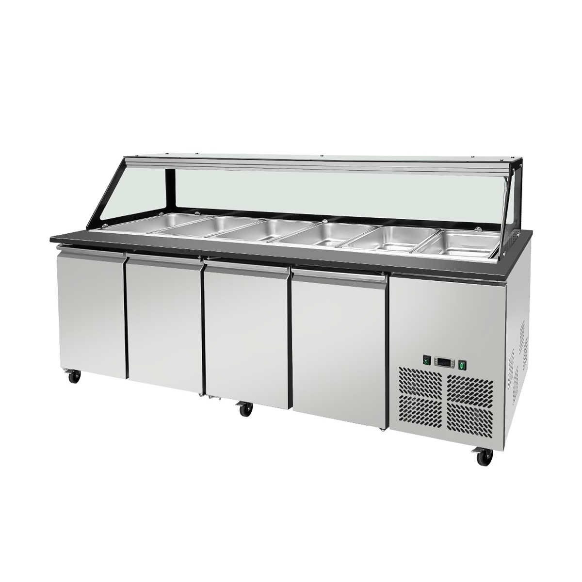 SNACK-Line, Kalte Theke, 6x GN1/1, Granit Star Galaxy schwarz, 223x82x85.5 Glasaufbau Klarglas schwarzer Rand, ohne Zwischenablage H=396mm